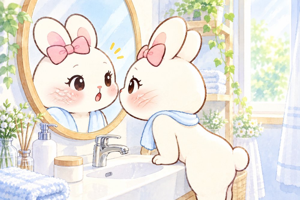 鏡でほっぺのカサカサに驚く白うさぎのナビ助